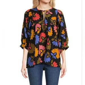 J.Marie Avery 3/4 Puff Sleeve Split V-Neck Tie Blouse
